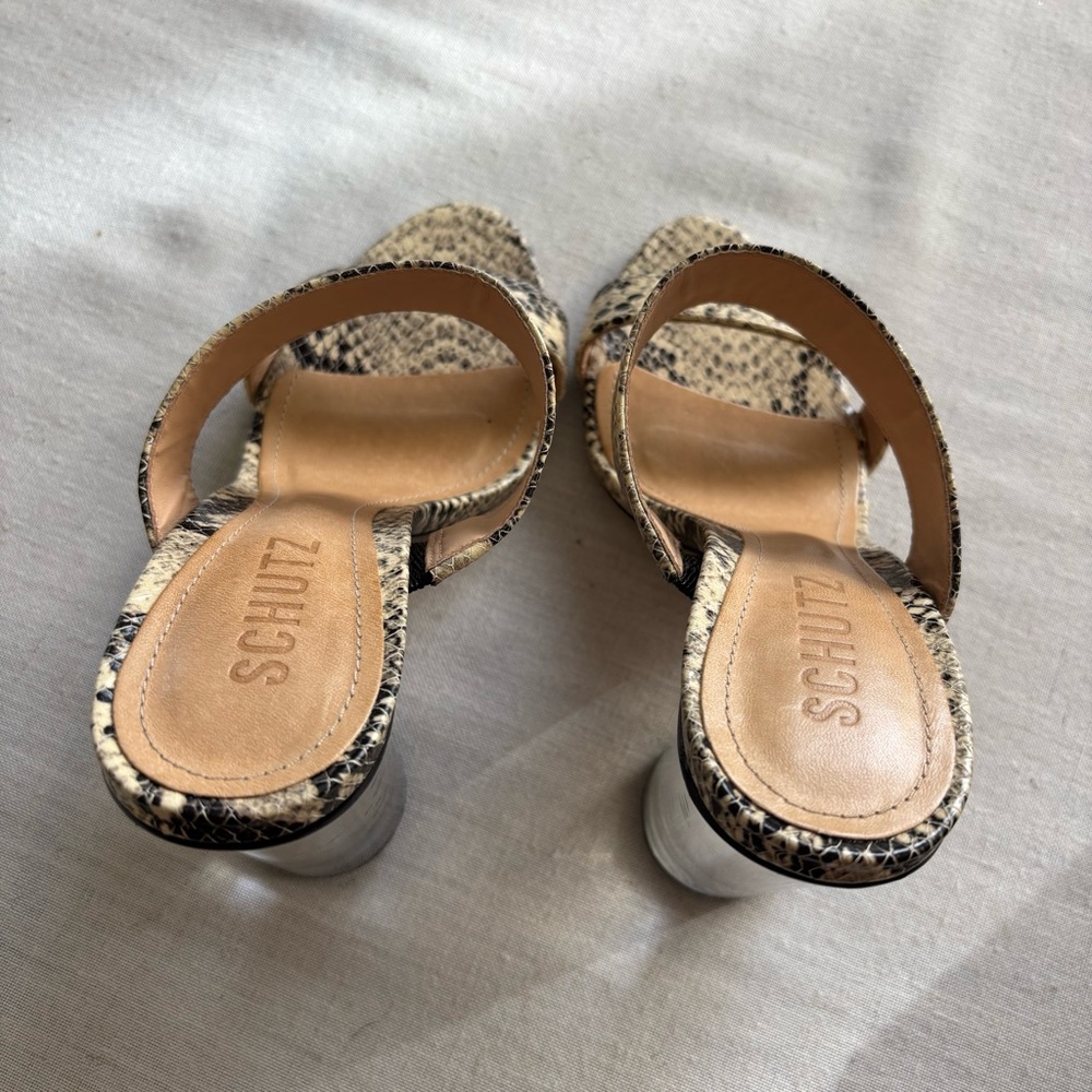 SCHUTZ Snake Print Clear Block Heel Sandals - Beige Black - Picture 5 of 8